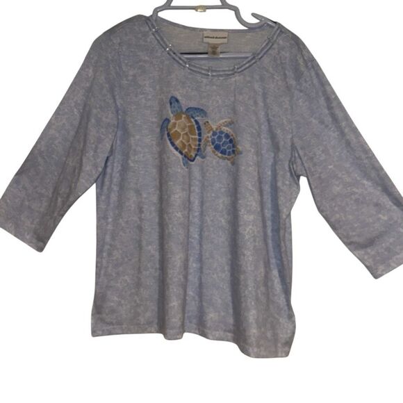 Alfred Dunner Heather Blue Swimming Turtle 3/4 Sleeves Top Ladies Size Large - Picture 1 of 11